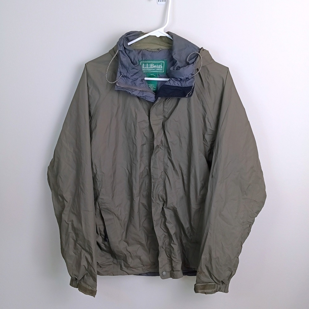 LL Bean Rain Jacket Mens M Olive Green Excellent Hooded Windbreaker Shell